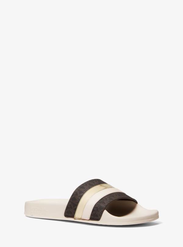 Damske Slapky Michael Kors Brandy Metallic Striped Logo Krém - Topanky Michael Kors Sleva | GXJKD-4829